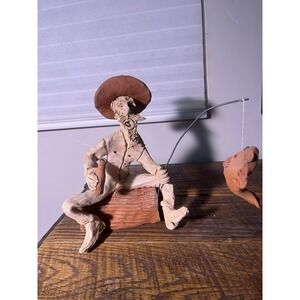 Vintage Signed Tom Schoolcraft Sculpture Log Fishing Cowboy 8" Pottery Sedona